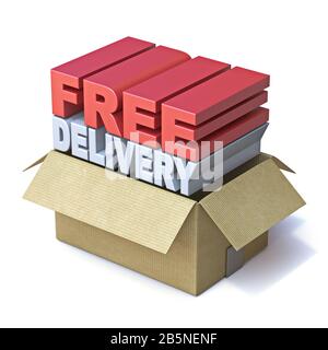 LIVRAISON SANS texte dans la boîte en carton 3-D illustration de rendu isolée sur fond blanc Banque D'Images