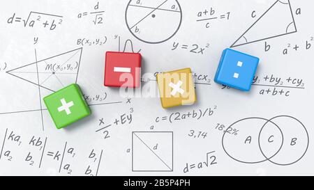 Opérateurs mathématiques cubes sur tableau blanc avec formules, graphiques et symboles Banque D'Images