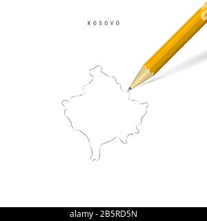 Kosovo croquis crayon à main levée carte de contour isolée sur fond blanc. Carte vide tirée à la main du Kosovo. Crayon 3 dimensions réaliste avec ombre douce. Banque D'Images
