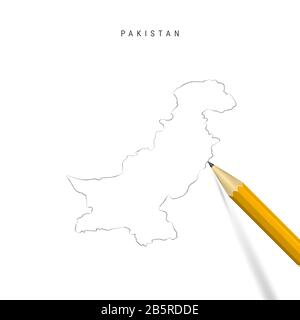 Pakistan croquis crayon à main levée carte de contour isolée sur fond blanc. Carte vide tirée à la main du Pakistan. Crayon 3 dimensions réaliste avec ombre douce. Banque D'Images