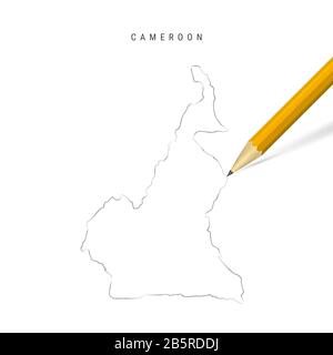 Cameroun croquis crayon à main levée carte de contour isolée sur fond blanc. Carte vide tirée à la main du Cameroun. Crayon 3 dimensions réaliste avec ombre douce. Banque D'Images