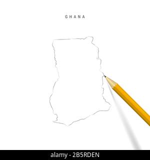 Carte de contour de crayon à main levée du Ghana isolée sur fond blanc. Carte vide tirée à la main du Ghana. Crayon 3 dimensions réaliste avec ombre douce. Banque D'Images