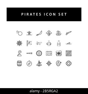 Jeu d'icônes Pirate avec motif contour de couleur noire. Illustration de Vecteur