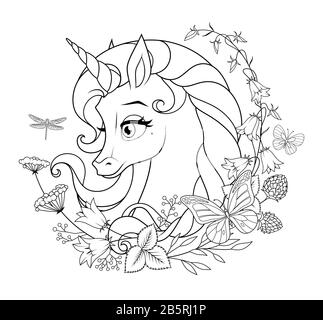 Jolie licorne magique entourée de fleurs et de papillons. Illustration vectorielle de page de coloriage. Illustration de Vecteur