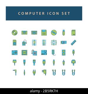 jeu d'icônes de matériel informatique avec design plein de style de contour. Illustration de Vecteur