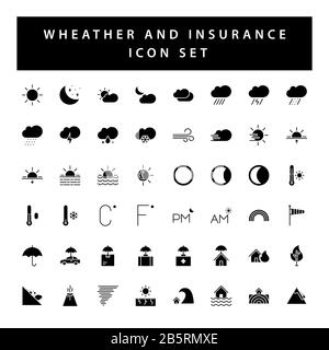 jeu d'icônes météo et d'assurance avec motif glyphe de couleur noire. Illustration de Vecteur