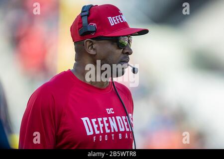 8 mars 2020 : l'entraîneur-chef de DC Defenders Pep Hamilton pendant le match entre les DC Defenders et les Battlehawks de St. Louis tenu à Audi Field à Washington, DC. Média Cory Royster/Cal Sport Banque D'Images