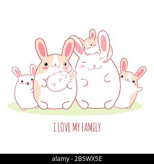 Carte avec famille mignonne de lapins - papa, maman et leurs bébés. Isolé sur fond blanc. Inscription - J'aime ma famille. Illustration vectorielle EPS8 Illustration de Vecteur