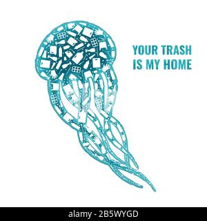 Arrêter l'illustration du concept de pollution plastique de l'océan. Jellyfish animal marin silhouette remplie d'icônes plates en plastique. Bannière mondiale sur les problèmes environnementaux, concept de pollution des océans Banque D'Images