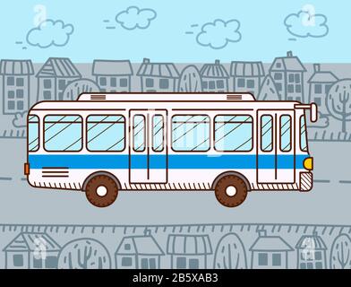 Bus passagers blanc dans la ville. Style de dessin animé. Transports publics urbains. Conception plate. Vecteur. Illustration de Vecteur