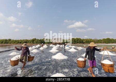 Une famille de travailleurs récoltent du sel et transportent et remplissent de lourds paniers dans les plaines salines de CAN Gio près de Ho Chi Minh Ville au Vietnam Banque D'Images