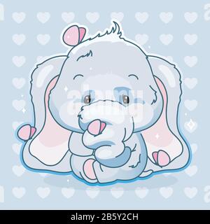 Mignon éléphant kawaii personnage vectoriel de dessin animé. Adorable et drôle d'animal avec des papillons isolés autocollant, patch, imprimé enfants. Anime bébé garçon éléphant Illustration de Vecteur