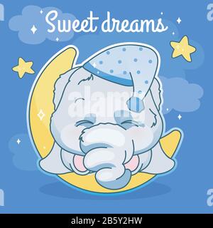 Mignonne éléphant kawaii personnage de médias sociaux post-maquette. Doux rêves lettrage. Affiche positive, modèle de carte avec animal de sommeil sur la lune. Social Illustration de Vecteur