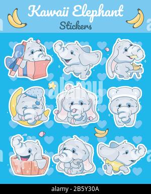 Ensemble de personnages vectoriels de caricature de Kawaii mignon éléphants. Adorable et drôle animal différentes poses et émotions isolé autocollant, patch. Anime bébé garçon Illustration de Vecteur