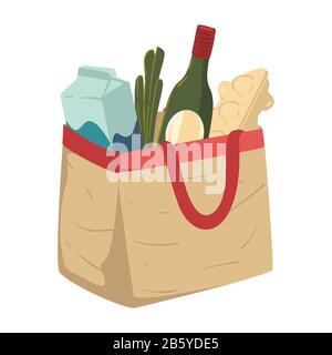 Épicerie, nourriture dans sac en papier ou sac à main en textile Illustration de Vecteur