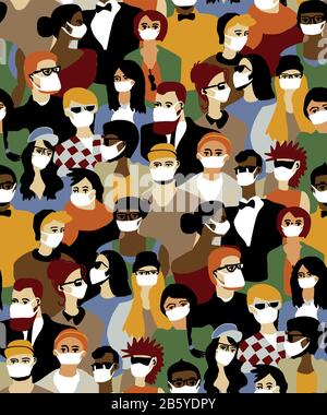 Virus épidémique les gens occasionnels dans les masques médicaux foule modèle sans couture Illustration de Vecteur