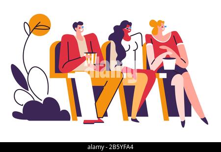 Les gens qui regardent des films et mangeaient du pop-corn au cinéma Illustration de Vecteur