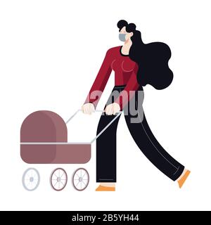 Femme marchant dans un masque médical avec une poussette ou un bébé Illustration de Vecteur