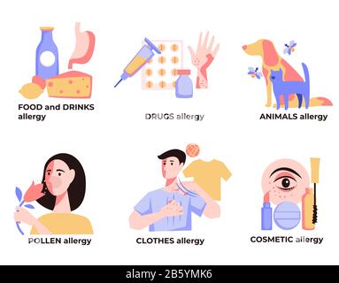 Aliments et drogues, animaux et pollen, vêtements et cosmétiques allergies Illustration de Vecteur