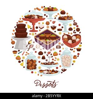 Desserts, chocolat et bonbons, gâteaux et bonbons, produits de confiserie Illustration de Vecteur