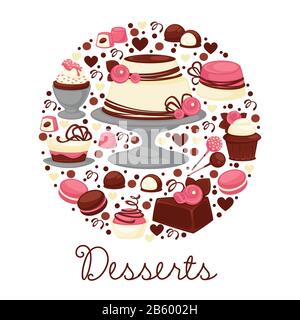 Gâteaux et cupcakes ou macarons, emblème des desserts au chocolat et à la crème Illustration de Vecteur