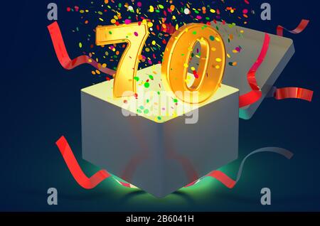 Boîte cadeau numéro 70 avec confettis et lumière brillante, rendu tridimensionnel sur fond bleu foncé Banque D'Images