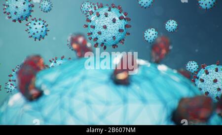 Illustration tridimensionnelle, pathogène abstrait comme type de grippe -  , virus de l'hépatite, virus de l'influenza, grippe, aides. Contexte abstrait du virus. Virus infecte Banque D'Images