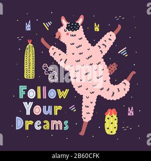 Suivez votre carte de rêve avec un joli lama de course à pied. Imprimé coloré et drôle avec alpaga Illustration de Vecteur