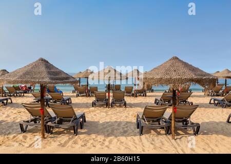 Chaises longues sur la plage portugaise en été à Albufeira. Algarve Banque D'Images