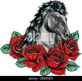 Tête de cheval de broderie et roses sauvages, fleurs de dogmes. Illustration de Vecteur