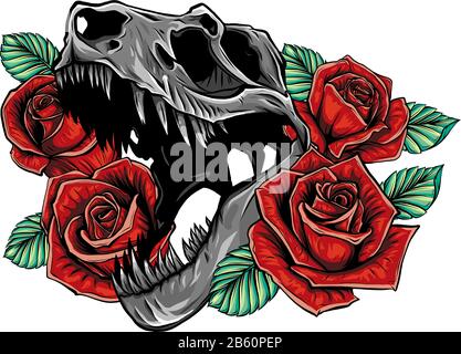 Dessin détaillé de style d'esquisse du cadre de roaring tyrannosaure rex et roses. Motif tatouage. Illustration de Vecteur