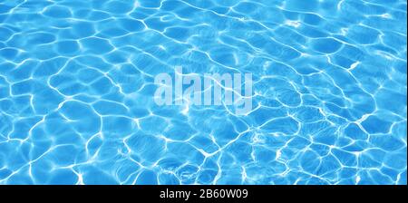 Fond d'eau, ondulation et écoulement avec des vagues. Motif piscine bleu d'été. Mer, surface de l'océan. Vue du dessus avec place pour le texte. Panoramique Banque D'Images