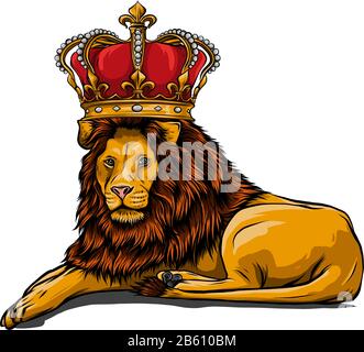 Lion royal avec couronne - tête de roi d'animal avec longue mane Illustration de Vecteur