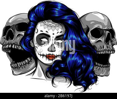 Fille morte avec deux crânes de sucre. Vecteur Illustration de Vecteur