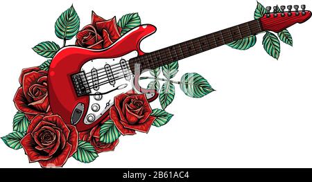 Guitare électrique, roses et notes musicales. Vector Illustration de Vecteur