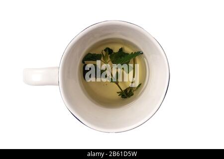 Thé frais à base de plantes à base de feuilles de Melissa vertes dans un mug en céramique isolé sur blanc. Guérison, boisson homéopathique. Médecine alternative. Banque D'Images