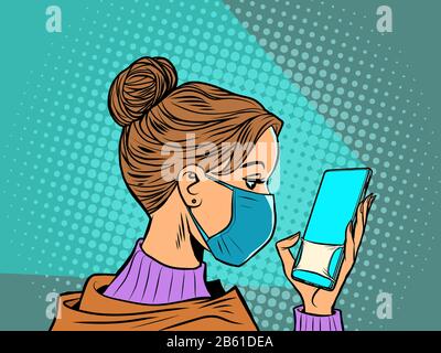 femme en masque médical lit un smartphone Illustration de Vecteur