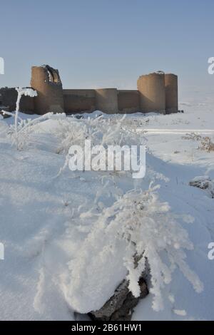 La forteresse ANI semble particulièrement bonne en hiver. ANI est une ville médiévale arménienne ruinée et inhabitée située dans la province turque de Kars, BE Banque D'Images