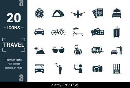 Billet d'icon set. Éléments de création : boussole, avion, taxi, carte de crédit, soleil et montagnes d'icônes. Peut être utilisé pour rapport, présentation Banque D'Images