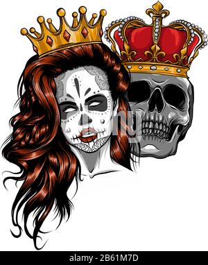 Roi et Reine de la mort. Portrait d'un crâne avec une couronne. Illustration de Vecteur