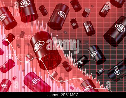 Chute de la plongée des prix du pétrole et diminution du concept des coûts du pétrole comme baril avec l'offre et la demande façonnée comme flèche vers le bas comme métaphore. Banque D'Images