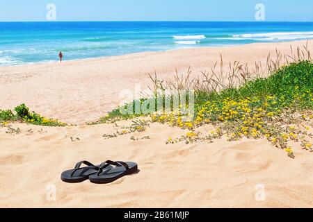 Tongs sur le fond de la belle plage et de la mer. Banque D'Images