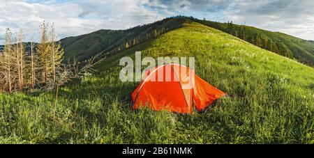 Tente de randonnée orange au sommet de la colline sous l'herbe fraîche, concept de loisirs en plein air d'été Banque D'Images