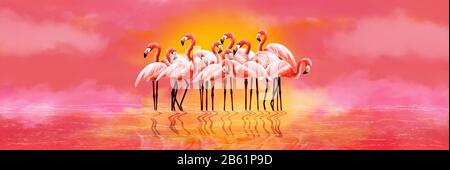 Panorama des flamants roses sur un fond rose vif et coucher de soleil. Illustration de l'art numérique. Banque D'Images