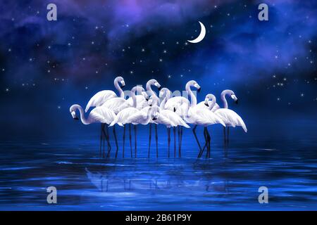 Un groupe de flamingos se trouve dans un lac dans la lune. Illustration de l'art numérique. Banque D'Images