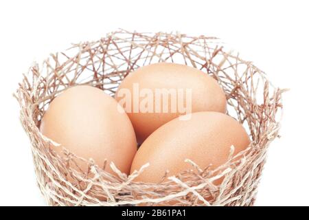 Nid et un groupe d'œufs de Pâques. Sur fond blanc. Banque D'Images