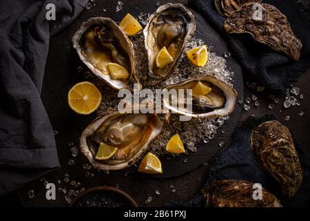 Vue de dessus des huîtres disposées en ardoise noire, glace pilée et morceaux de citron sur fond sombre Banque D'Images