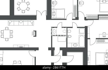 Formation en architecture. Cadre de projets architecturaux, plan d'architecture d'un immeuble résidentiel. Noir et blanc illustration vecteur EPS10 Illustration de Vecteur