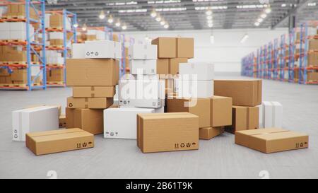 Livraison de paquets d'illustration tridimensionnelle, concept de système de transport de colis, tas de boîtes en carton au milieu de l'entrepôt. Entrepôt avec carton Banque D'Images