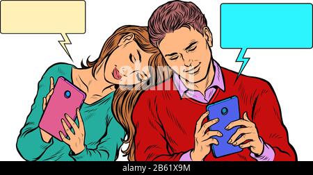 Un couple amoureux, un jeune homme et une fille discutent sur les réseaux sociaux par téléphone Illustration de Vecteur